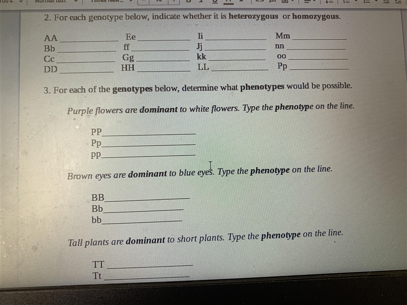 For each genotype below indicate whether it is het3rozygous or hom0zygous.-example-1