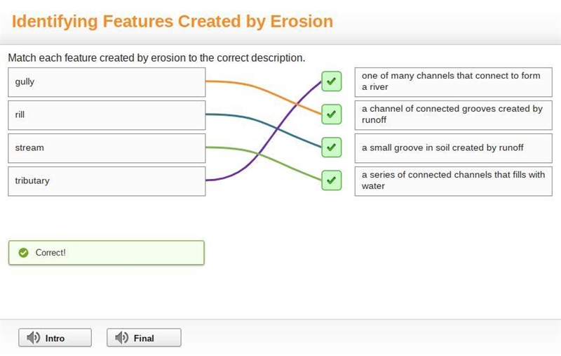 Match each feature created by erosion to the correct description. (Here's the answer-example-1