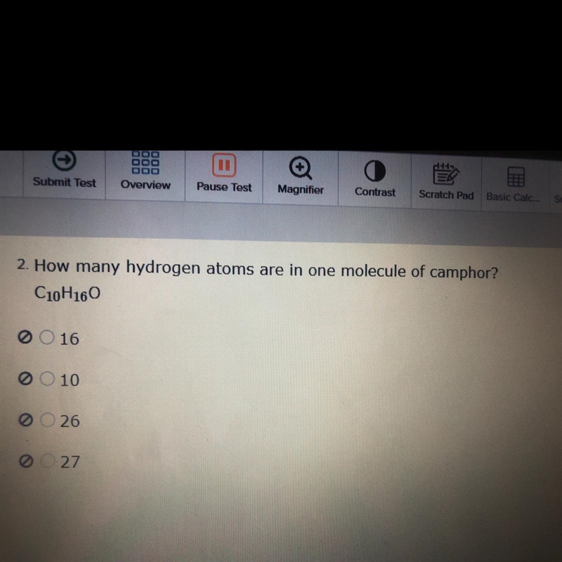 2. How many hydrogen atoms are in one molecule of camphor? C10H160 16 10 26 27-example-1