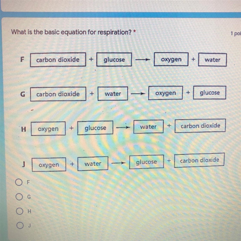 What is the basic equation for respiration? F.) carbon dioxide + glucose -> Oxygen-example-1