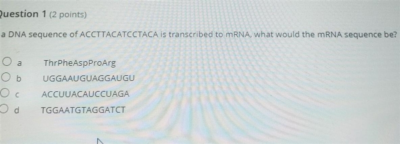 Question 1 (2 points) If a DNA sequence of ACCTTACATCCTACA is transcribed to mRNA-example-1