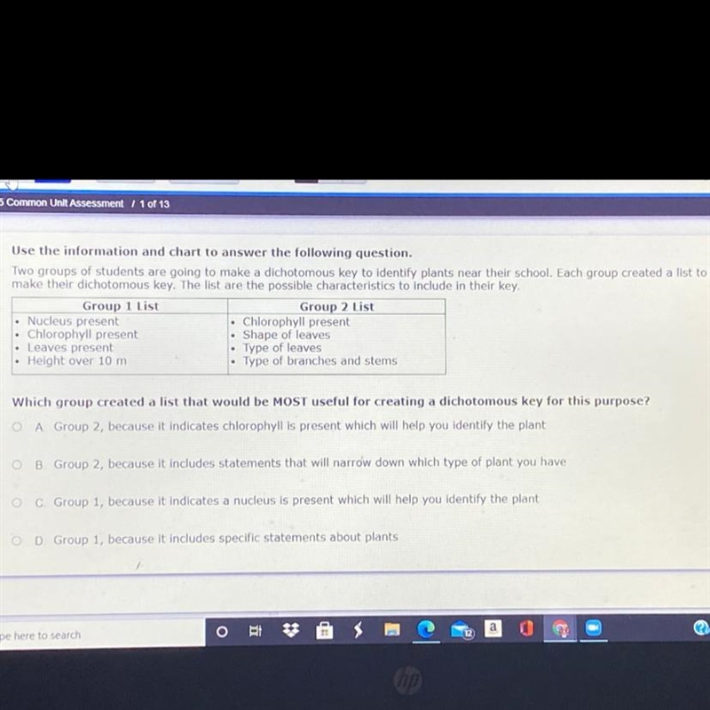 Which group created a list that would be MOST useful for creating a dichotomous key-example-1