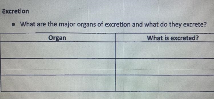 What are the 3 major organs of excretion and what do they excrete?-example-1