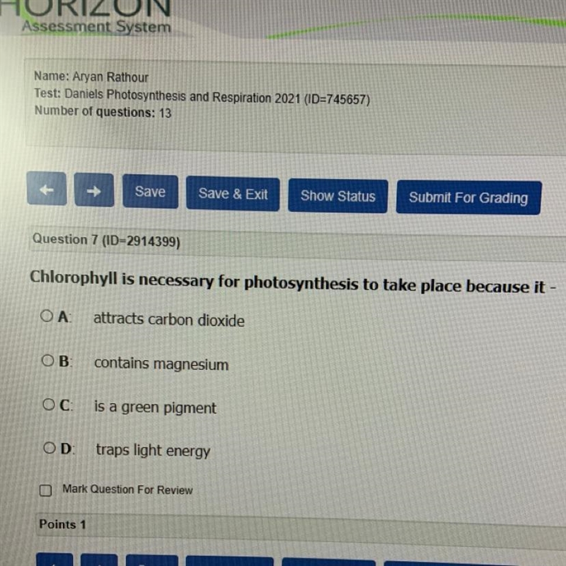 Chlorophyll is necessary for photosynthesis to take place because it--example-1