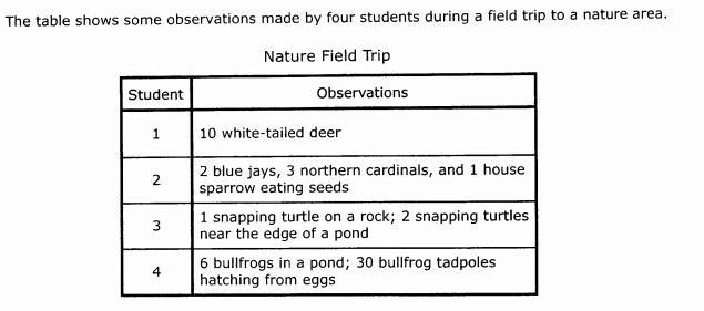 Which student made observations of a community of organisms? 1. Student 1 2. Student-example-1