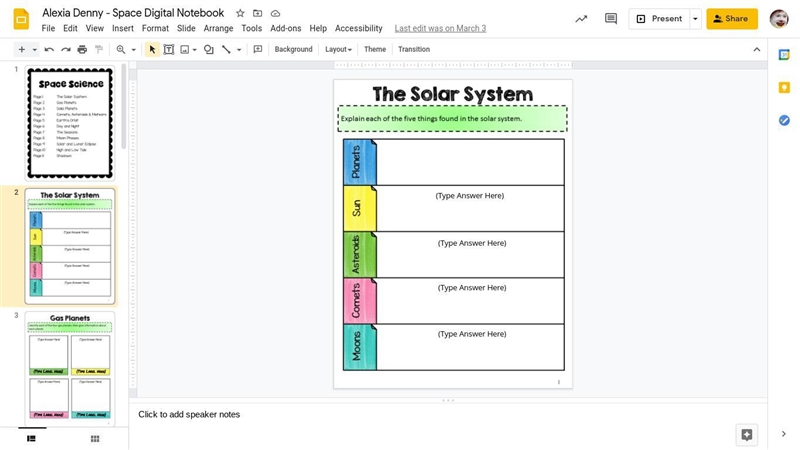 The top says explain the 5 things in our solar system within each section-example-1