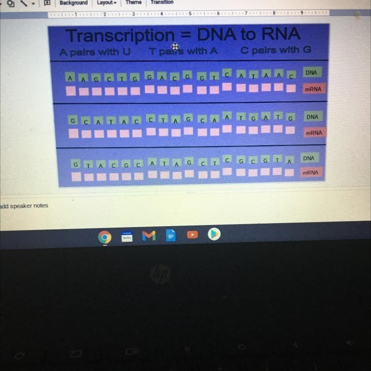 2 34.5 6 7.8.9. Transcription = DNA to RNA A pairs with U T pan's with A C pairs with-example-1