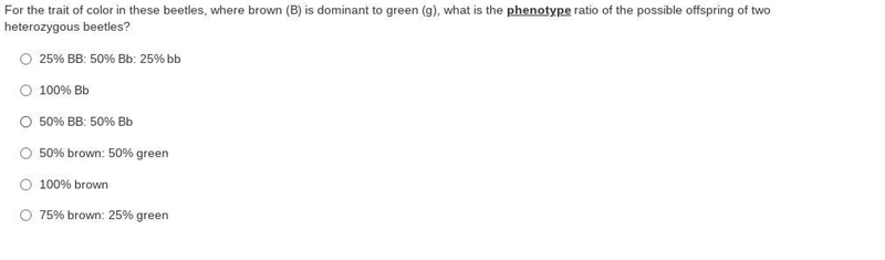 For the trait of color in these beetles, where brown (B) is dominant to green (g), what-example-1