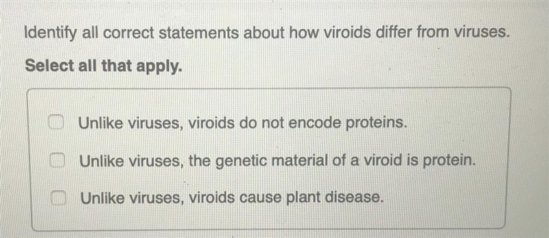 Identify all correct statements about how viroids differ from viruses. Select all-example-1