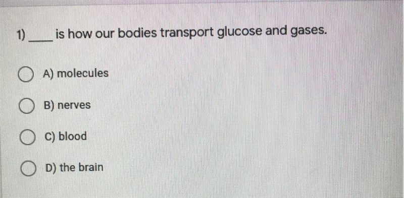 _ is how our bodies transport glucose and gases. a. molecules b. nerves c. blood d-example-1