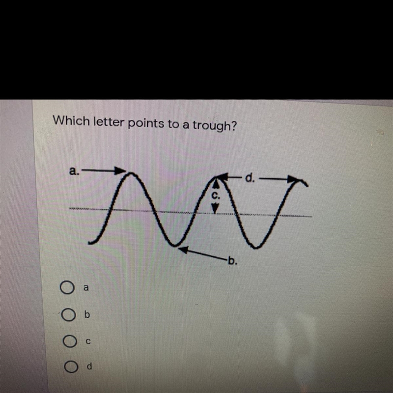 Which letter points to a trough A.)a B.)b C.)c D.)d-example-1