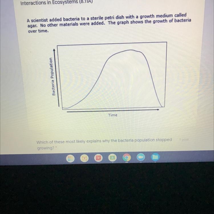 Which of these most likely explains why the bacteria population stopped growing? A-example-1