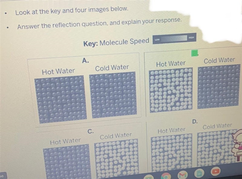 Which Image shows the difference between the speed of molecules in hot and cold water-example-1