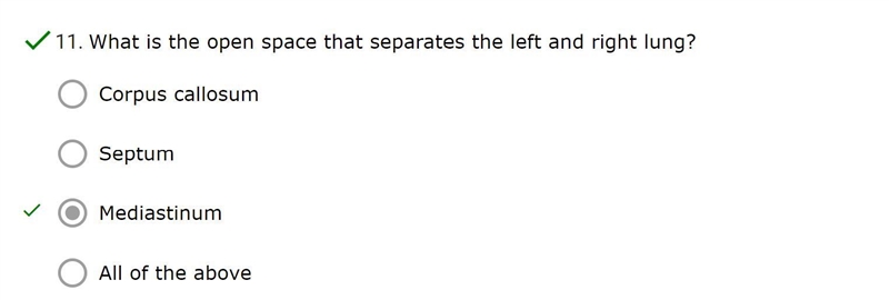 What is the open space that separates the left and right lung? Corpus callosum Septum-example-1