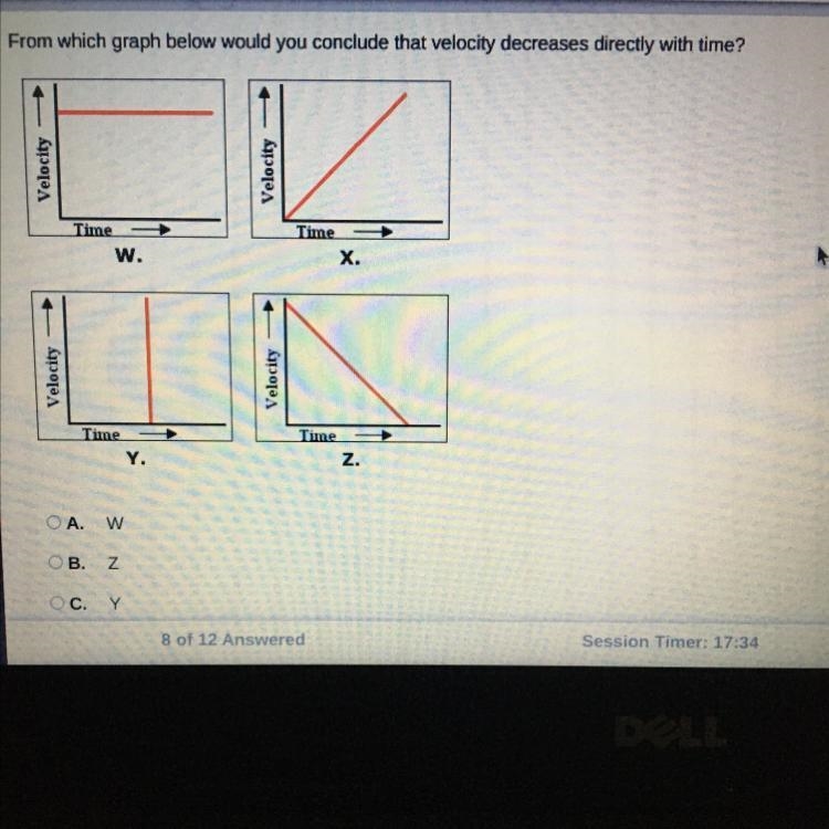 From which graph below would you conclude that velocity decreases directly with time-example-1