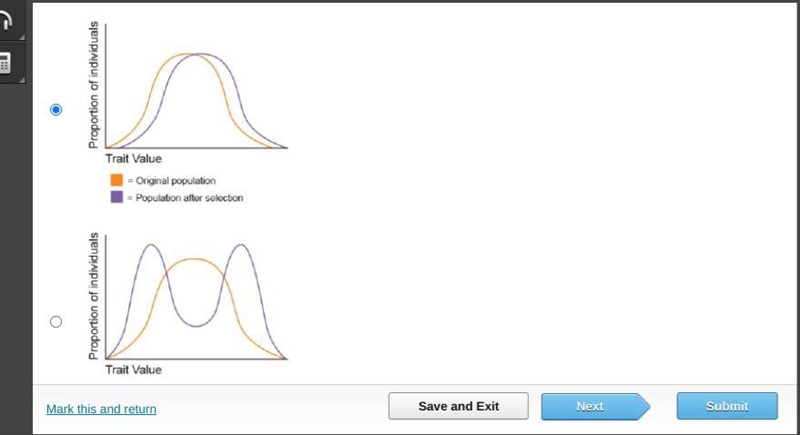 Which graph represents selection that may lead to reduced variation in a population-example-1