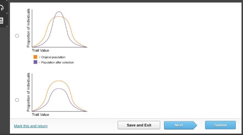 Which graph represents selection that may lead to reduced variation in a population-example-2