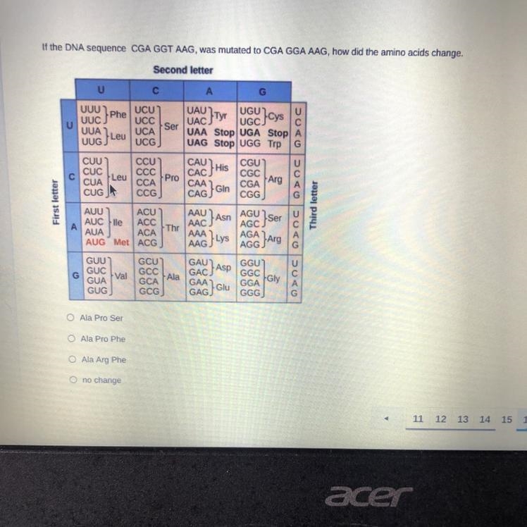 If the DNA sequence CGA GGT AAG was mutated to CGA GGA AAG how did the amino acids-example-1