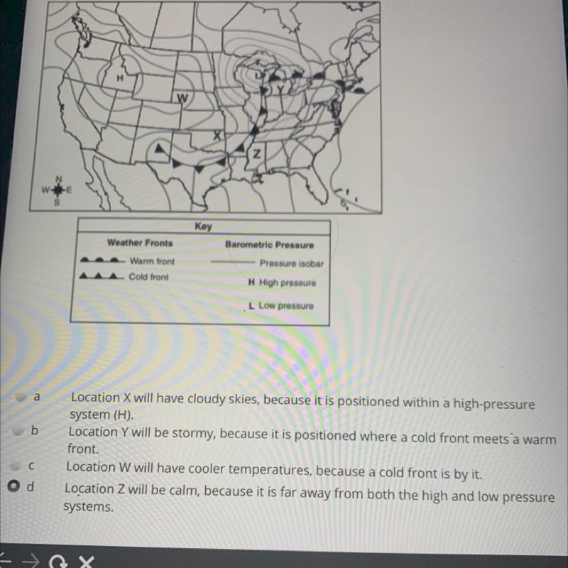 this weather system map shows 4 locations, W, X, Y, and Z across the united states-example-1