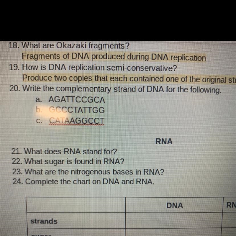 Write the complementary strand of DNA for the following a.AGATTCCGCA b.GCCCTATTGG-example-1