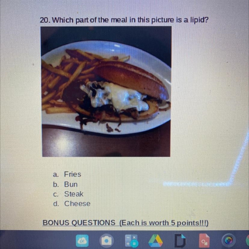 20. Which part of the meal in this picture is a lipid? a. Fries b. Bun C. Steak d-example-1