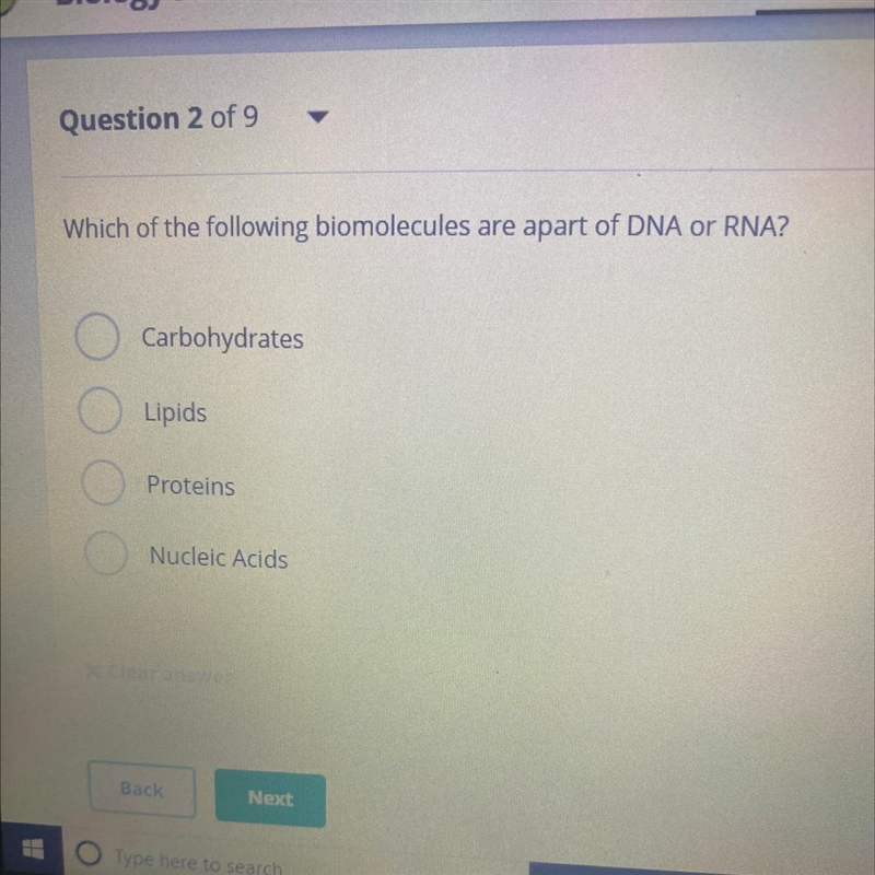 Which of the following biomolecules are apart of DNA or RNA? Carbohydrates Lipids-example-1