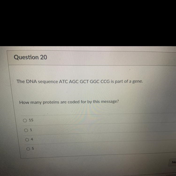 The DNA sequence ATC AGC GCT GGC CCG is part of a gene. How many proteins are coded-example-1