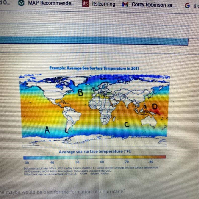 Which area in the maybe would be best for the formation of a hurricane? A)a B)b C-example-1