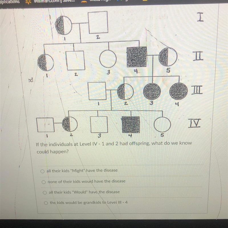 If the individuals at Level IV - 1 and 2 had offspring, what do we know could happen-example-1