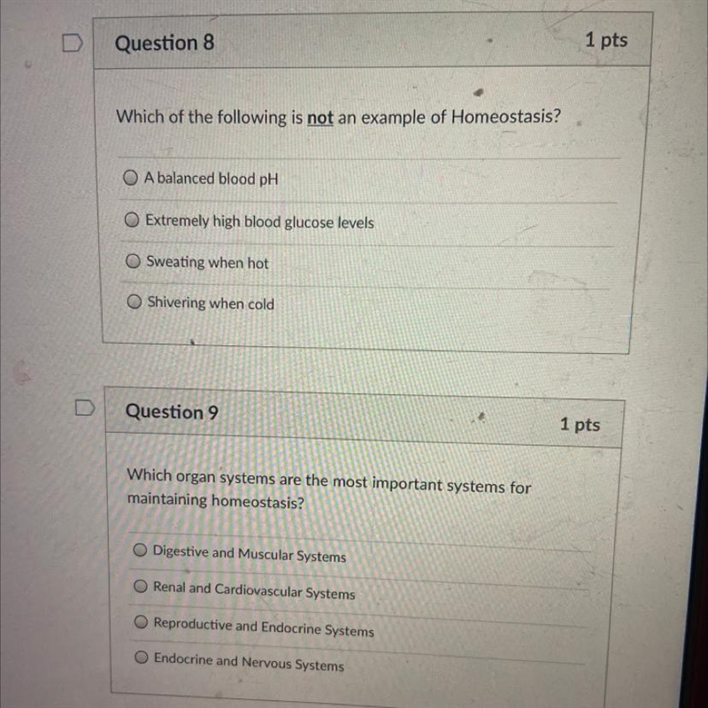 Question 8 1 pts Which of the following is not an example of Homeostasis? a. A balanced-example-1