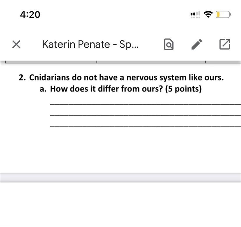 Cnidarians do not have a nervous system like ours. a. How does it differ from ours-example-1