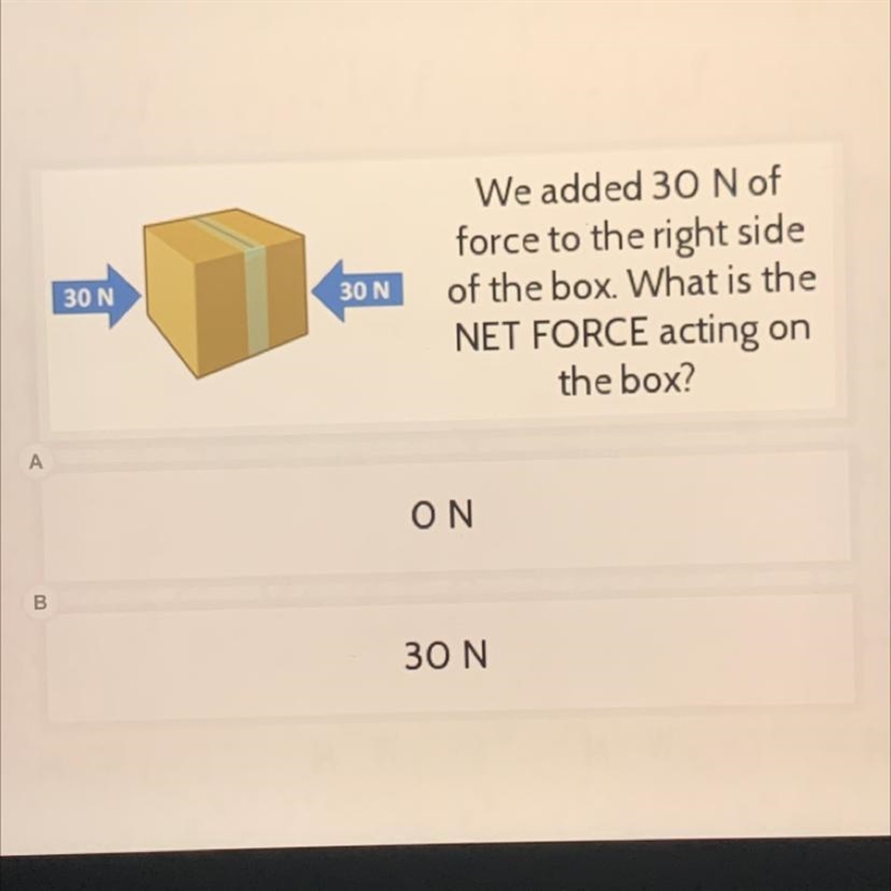 We added 30 N of force to the right side of the box. What is the net force acting-example-1