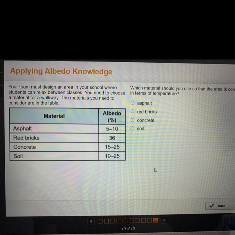 Which material should you use so that the area is cool in terms of temperature￼?-example-1