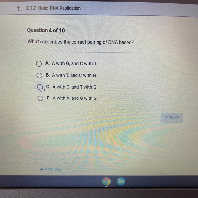 Which describes the correct paring of DNA bases? A. A with G, and C with T B. A with-example-1