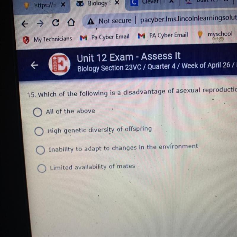 Which of the following is a disadvantage of asexual reproduction?-example-1