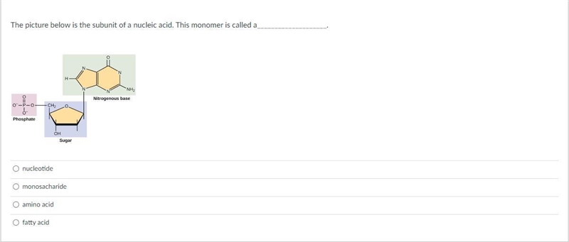 The picture below is the subunit of a nucleic acid. This monomer is called a____________________. Group-example-1
