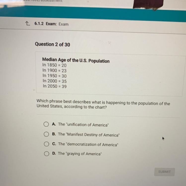 Which phrase best describes what is happening to the population of the United States-example-1