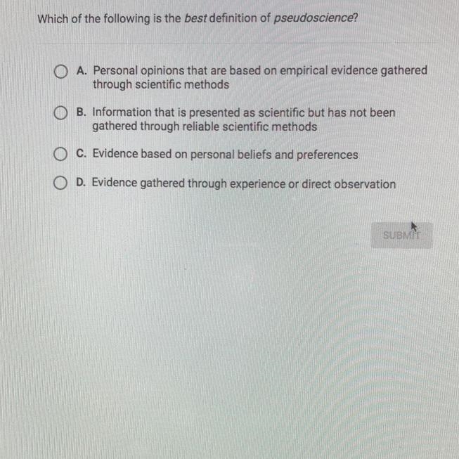 Which of the following is the best definition of pseudoscience?-example-1