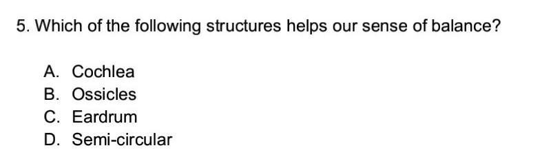 Which of the following structures helps our sense of balance​-example-1