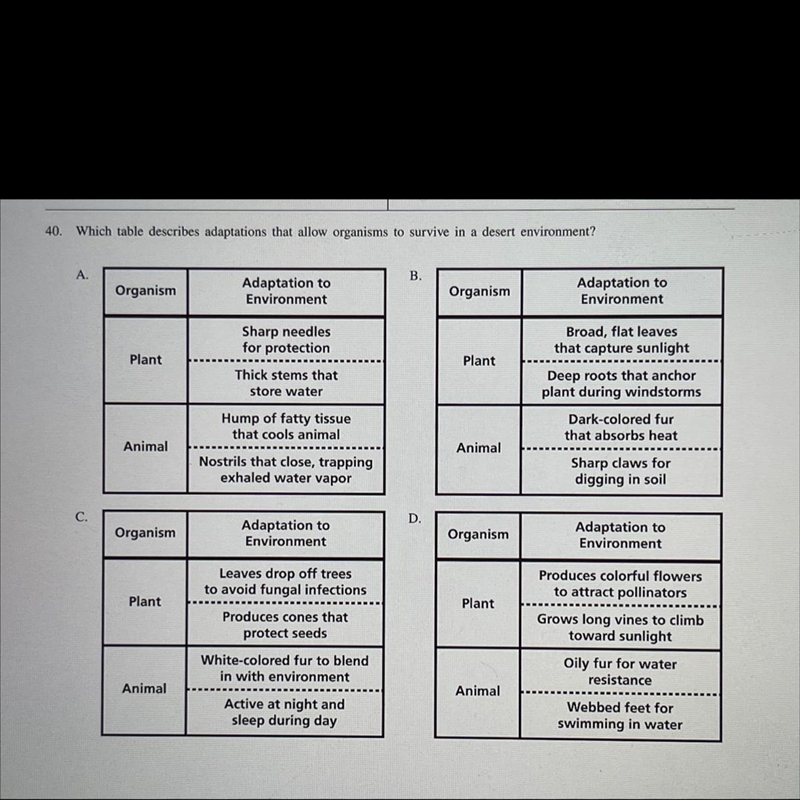 40. Which table describes adaptations that allow organisms to survive in a desert-example-1