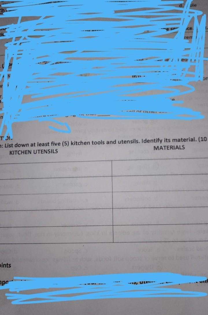 List down at least 5 kitchen tools and utensils.identify it's material (10)pts​-example-1