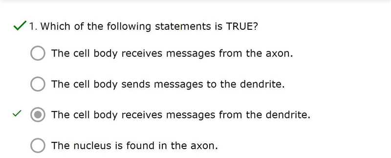 Which of the following statements is TRUE? The cell body receives messages from the-example-1