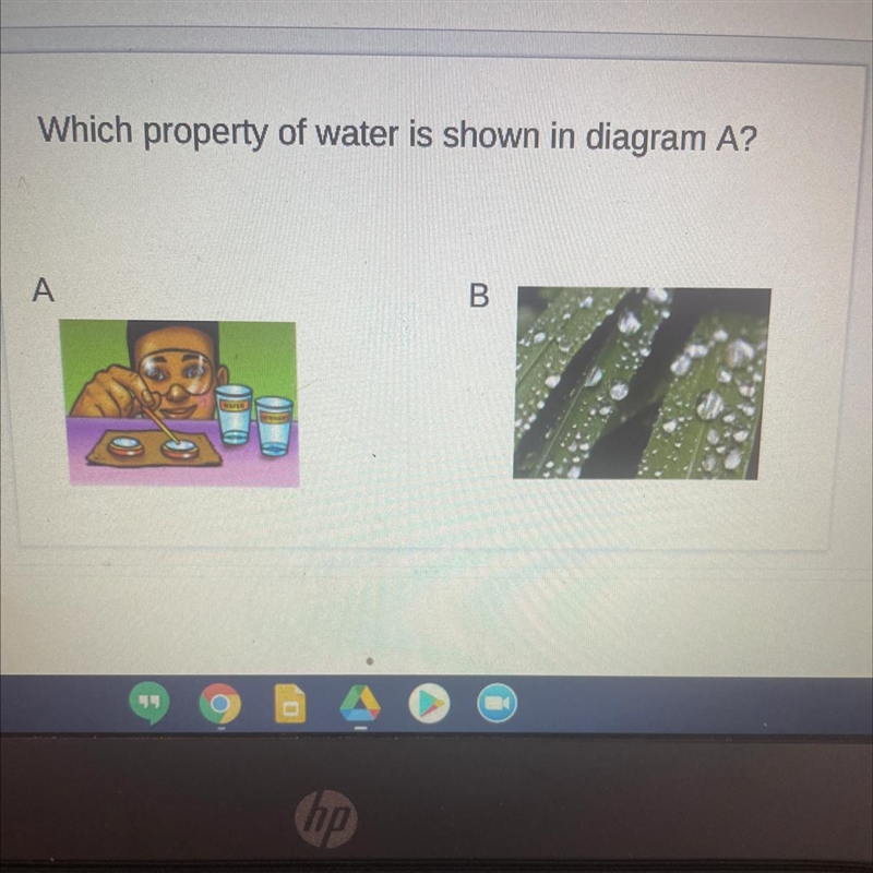 Which property of water is shown in diagram A? A B-example-1