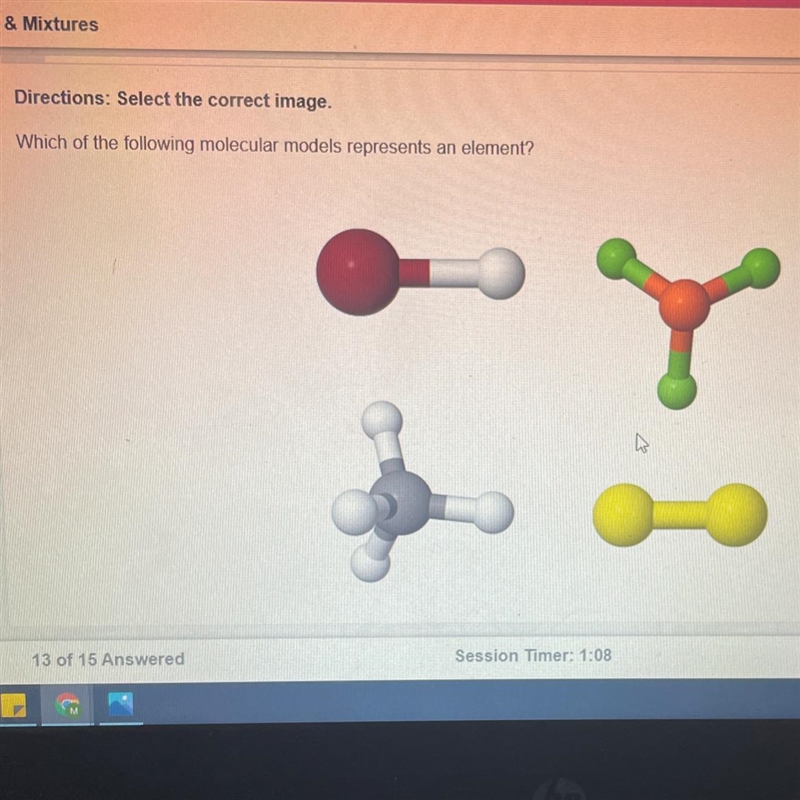 Which of the following molecular models represents an element?-example-1