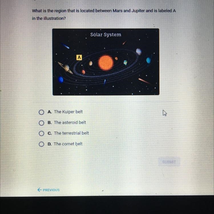 What is the region that is located between Mars and Jupiter and is labeled A in the-example-1