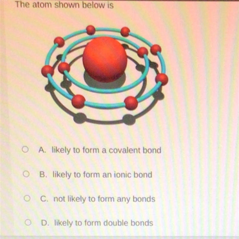 The atom shown below is A. likely to form a covalent bond o B. likely to form an ionic-example-1