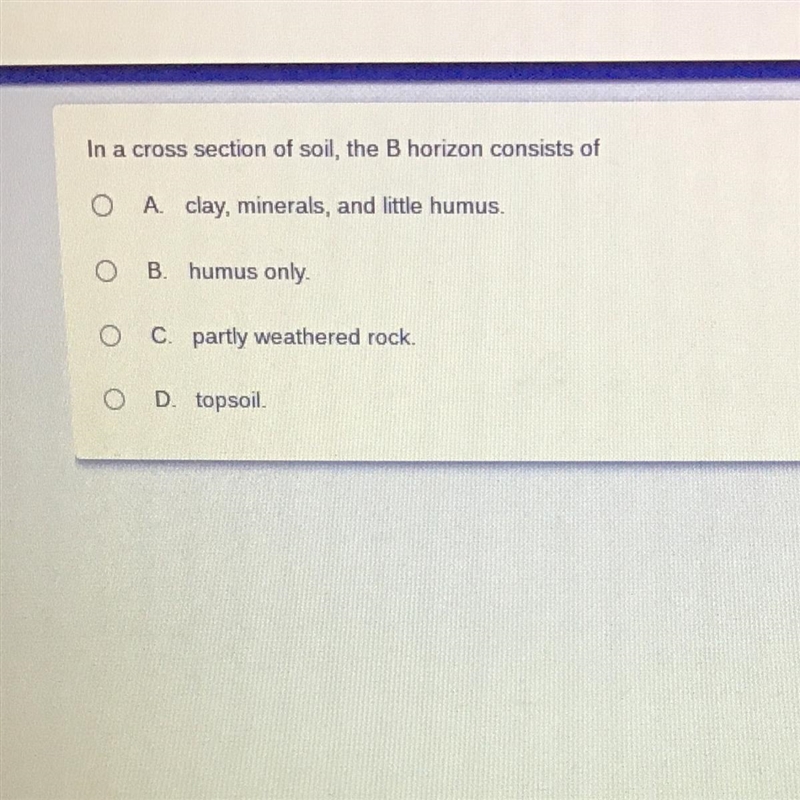 In a cross section of soil, the Bhorizon consists of A clay, minerals, and little-example-1