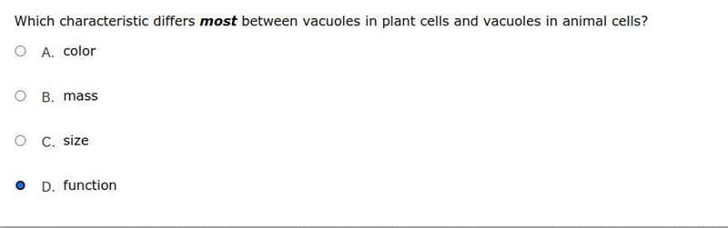 Which characteristic differs most between vacuoles in plant cells and vacuoles in-example-1