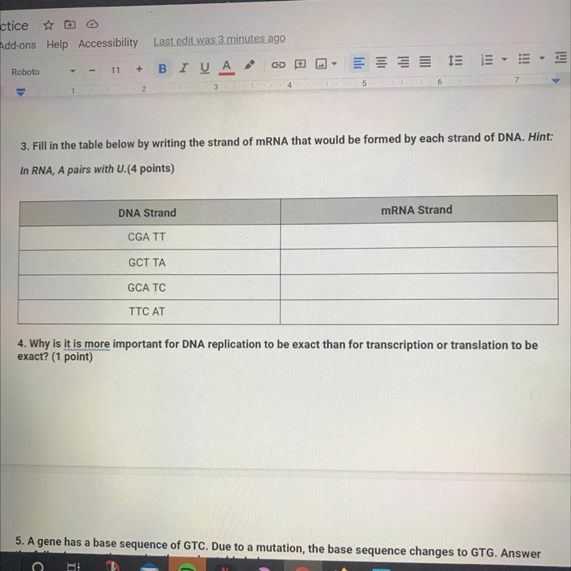 3. Fill in the table below by writing the strand of mRNA that would be formed by each-example-1