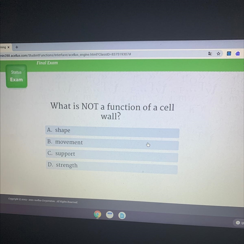 What is NOT a function of a cell wall? A. shape B. movement C. support D. strength-example-1